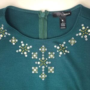 Aqua Green Embellished Fit Flare Dress Womens XS Sleeveless Jewel Neck Party